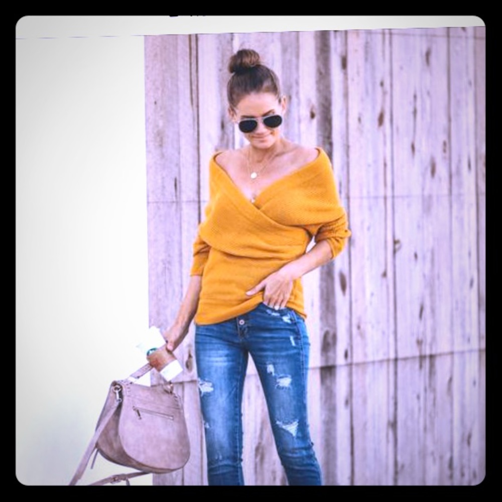 Off The Shoulder knit sweater in Mustard color